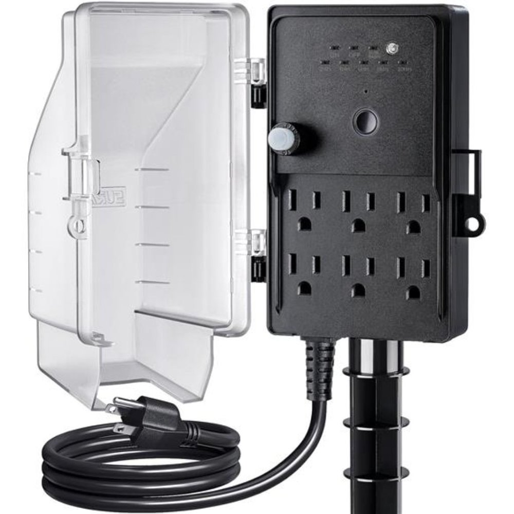 Outdoor Power Stake Light Timer, Dusk to Dawn, 6 Outlet Power Strip Weatherproof